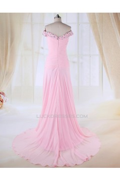 Sheath Split-Front Off-the-Shoulder Beaded Long Pink Chiffon Prom Evening Formal Dresses ED010983