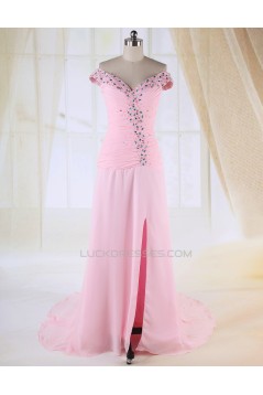 Sheath Split-Front Off-the-Shoulder Beaded Long Pink Chiffon Prom Evening Formal Dresses ED010983