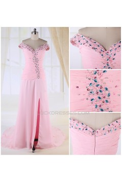 Sheath Split-Front Off-the-Shoulder Beaded Long Pink Chiffon Prom Evening Formal Dresses ED010983