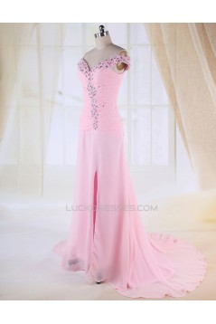 Sheath Split-Front Off-the-Shoulder Beaded Long Pink Chiffon Prom Evening Formal Dresses ED010983