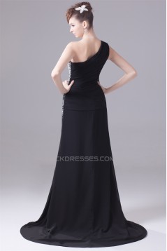 A-Line Chiffon One-Shoulder Beaded Long Black Prom/Formal Evening Dresses 02020011