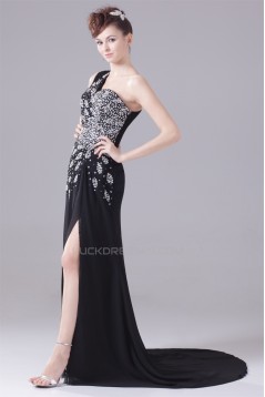 A-Line Chiffon One-Shoulder Beaded Long Black Prom/Formal Evening Dresses 02020011