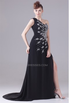 A-Line Chiffon One-Shoulder Beaded Long Black Prom/Formal Evening Dresses 02020011