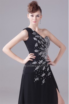 A-Line Chiffon One-Shoulder Beaded Long Black Prom/Formal Evening Dresses 02020011