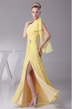 A-Line One-Shoulder Sleeveless Draped Floor-Length Long Yellow Prom Evening Bridesmaid Dresses 02020022