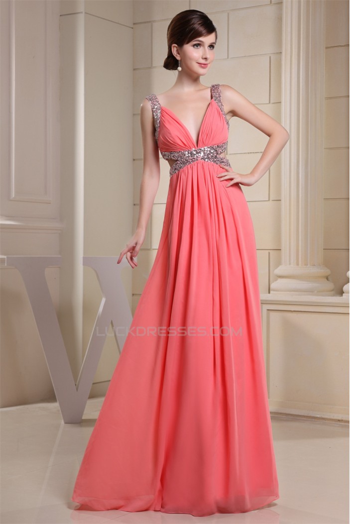 A-Line Ruffles Chiffon V-Neck Sequins Long Prom/Formal Evening Dresses 02020027