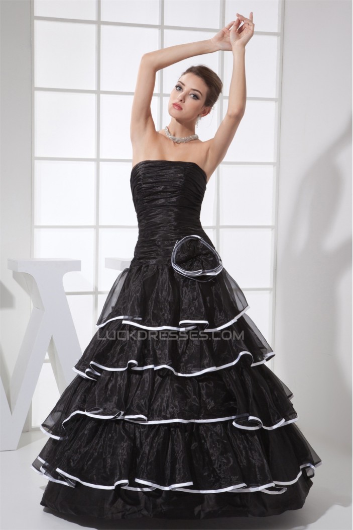 A-Line Ruffles Floor-Length Satin Organza Long Black Prom/Formal Evening Dresses 02020028