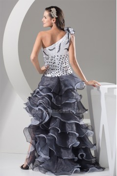 A-Line Sleeveless Beading Organza One-Shoulder Black White Prom/Formal Evening Dresses 02020032