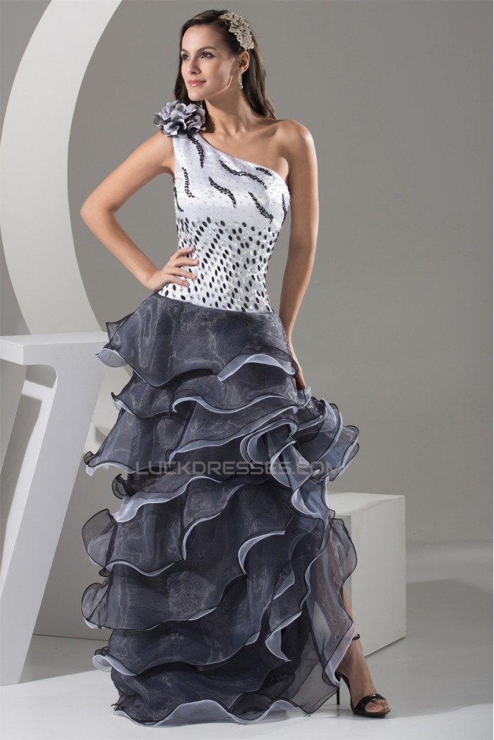 A-Line Sleeveless Beading Organza One-Shoulder Black White Prom/Formal Evening Dresses 02020032