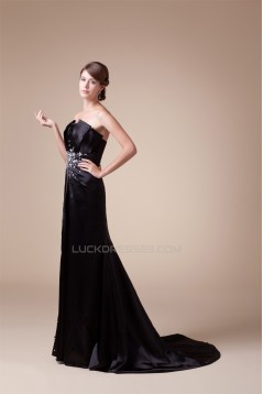 Trumpet/Mermaid Strapless Silk like Satin Sleeveless Beaded Long Black Prom/Formal Evening Dresses 02020044