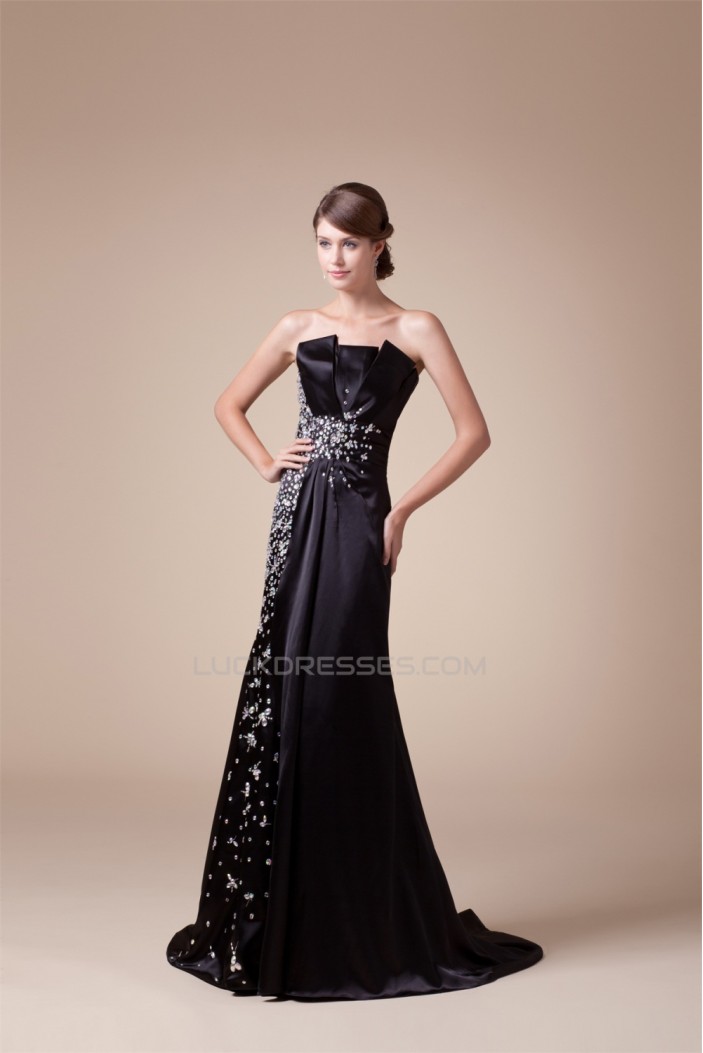 Trumpet/Mermaid Strapless Silk like Satin Sleeveless Beaded Long Black Prom/Formal Evening Dresses 02020044