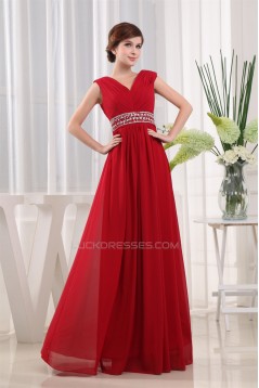 A-Line V-Neck Beading Floor-Length Sleeveless Long Red Prom Evening Bridesmaid Dresses 02020049