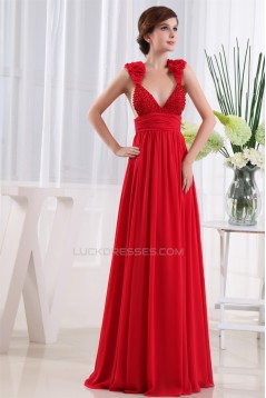 A-Line Floor-Length Chiffon Beaded Long Red Prom Evening Party Dresses 02020064