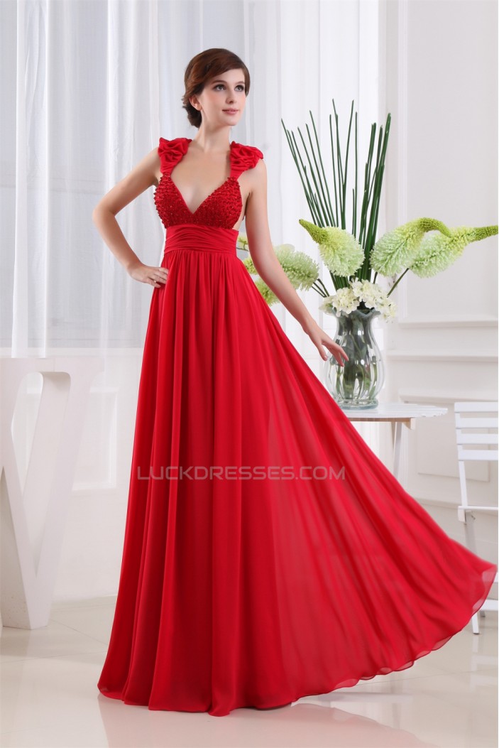 A-Line Floor-Length Chiffon Beaded Long Red Prom Evening Party Dresses 02020064