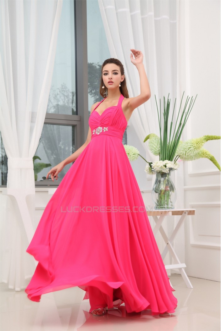 A-Line Beading Sleeveless Floor-Length Halter Long Chiffon Prom/Formal Evening Dresses 02020067