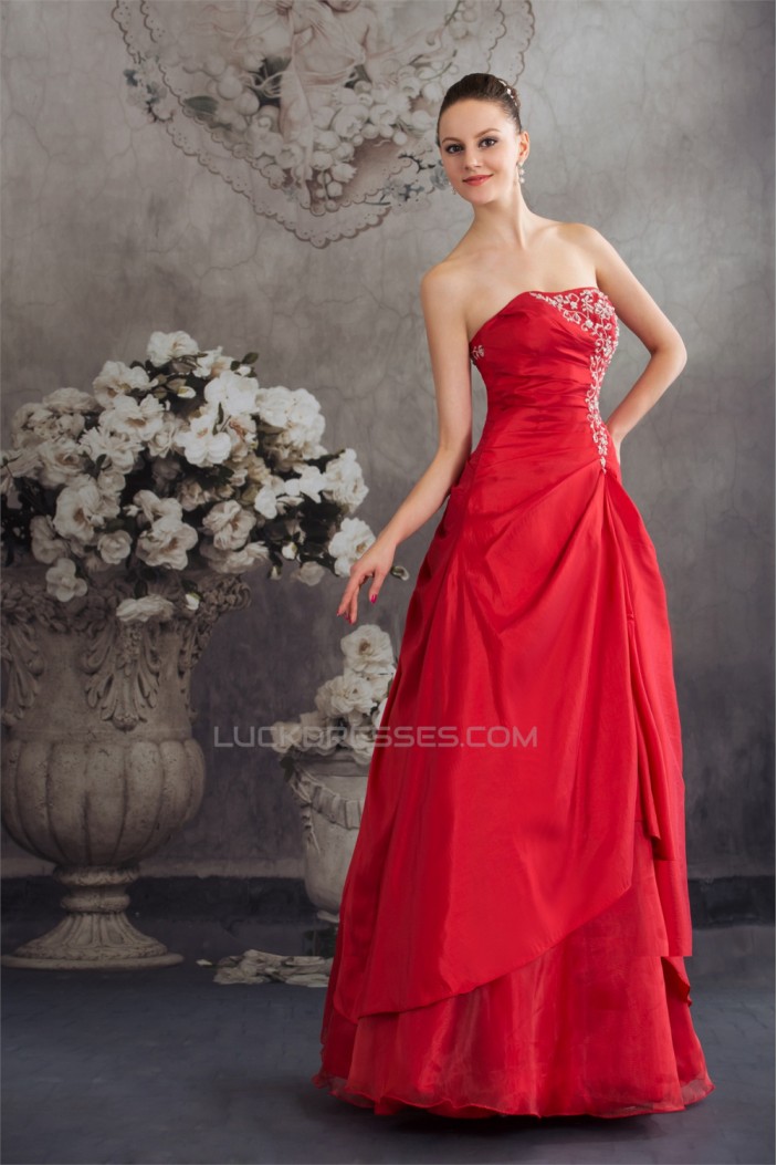 Beading A-Line Strapless Floor-Length Taffeta Long Red Prom/Formal Evening Dresses 02020068