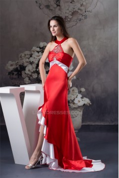 Beading Brush Sweep Train A-Line Halter Long Red Prom/Formal Evening Dresses 02020069