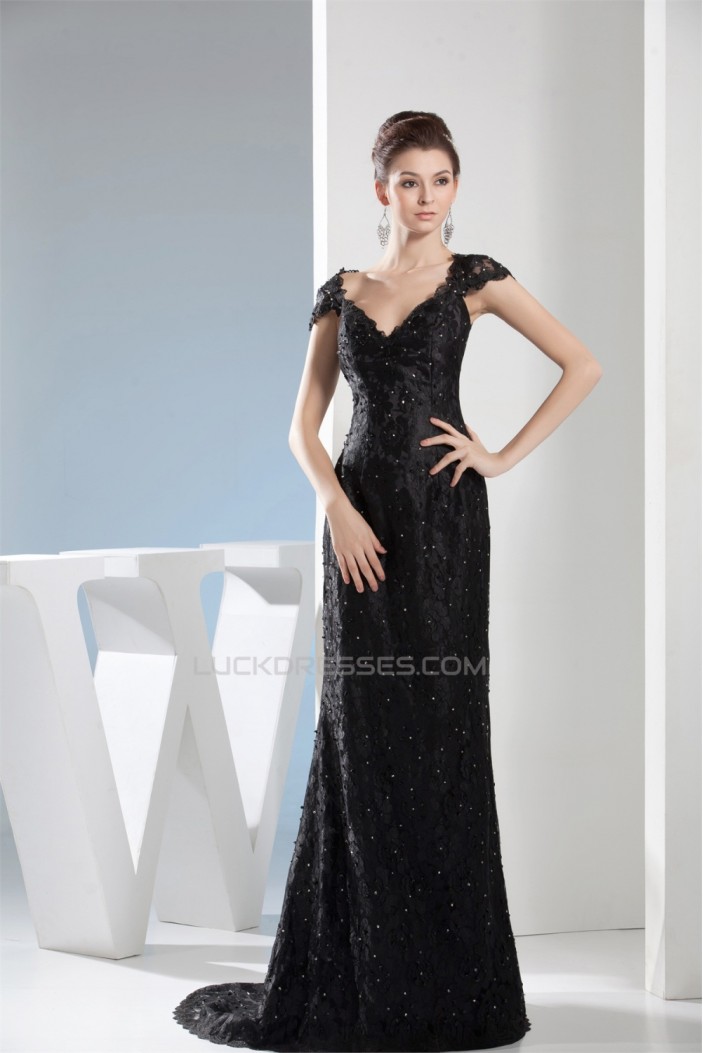 Beading Cap Sleeve Sleeveless V-Neck Lace Long Black Prom/Formal Evening Dresses 02020098
