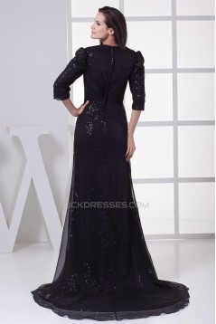 Brush Sweep Train 3/4 Length A-Line Criss Cross Long Black Sequins Prom/Formal Evening Dresses 02020105