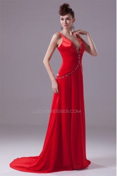 Brush Sweep Train A-Line Beading Deep V-Neck Long Red Prom/Formal Evening Dresses 02020106