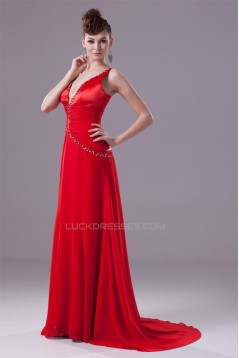 Brush Sweep Train A-Line Beading Deep V-Neck Long Red Prom/Formal Evening Dresses 02020106