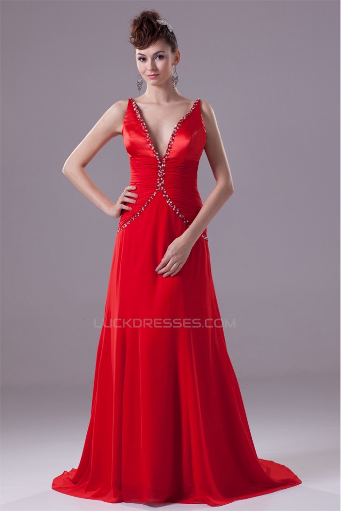 Brush Sweep Train A-Line Beading Deep V-Neck Long Red Prom/Formal Evening Dresses 02020106