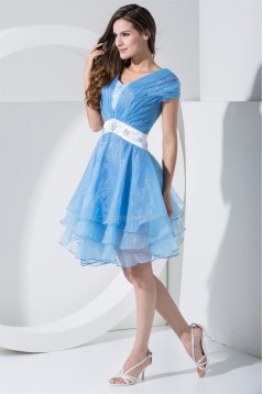 Capped Sleeves Beading A-Line Satin Organza Prom/Formal Evening Dresses 02021064