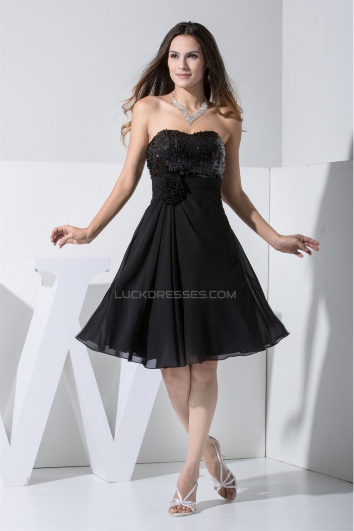 Knee-Length Ruffles Chiffon Silk like Satin Little Black Dresses 02021086