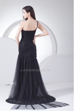 Brush Sweep Train Beading Mermaid/Trumpet One-Shoulder Long Black Prom/Formal Evening Dresses 02020110