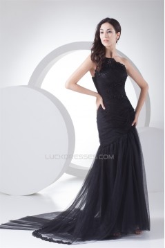 Brush Sweep Train Beading Mermaid/Trumpet One-Shoulder Long Black Prom/Formal Evening Dresses 02020110