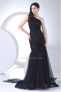 Brush Sweep Train Beading Mermaid/Trumpet One-Shoulder Long Black Prom/Formal Evening Dresses 02020110