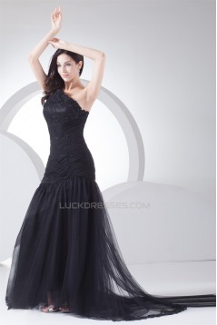 Brush Sweep Train Beading Mermaid/Trumpet One-Shoulder Long Black Prom/Formal Evening Dresses 02020110