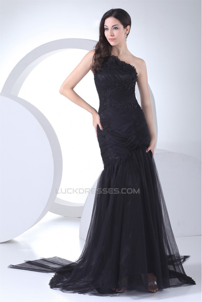 Brush Sweep Train Beading Mermaid/Trumpet One-Shoulder Long Black Prom/Formal Evening Dresses 02020110