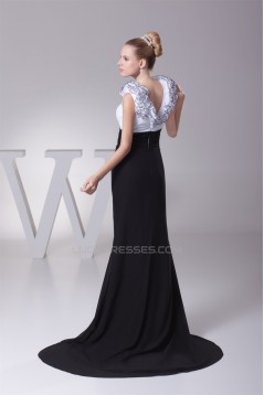 Trumpet/Mermaid Brush Sweep Train Chiffon Black White Long Prom/Formal Evening Dresses 02020112