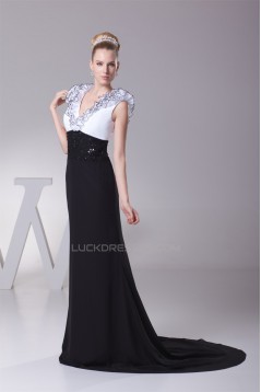 Trumpet/Mermaid Brush Sweep Train Chiffon Black White Long Prom/Formal Evening Dresses 02020112