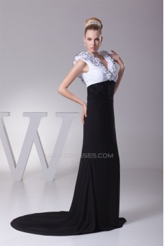 Trumpet/Mermaid Brush Sweep Train Chiffon Black White Long Prom/Formal Evening Dresses 02020112