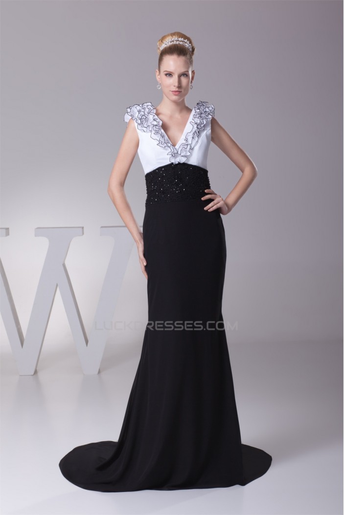 Trumpet/Mermaid Brush Sweep Train Chiffon Black White Long Prom/Formal Evening Dresses 02020112