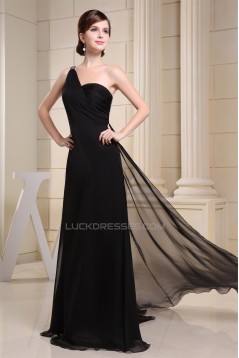 Brush Sweep Train One-Shoulder A-Line Chiffon Sequins Long Black Prom/Formal Evening Dresses 02020114