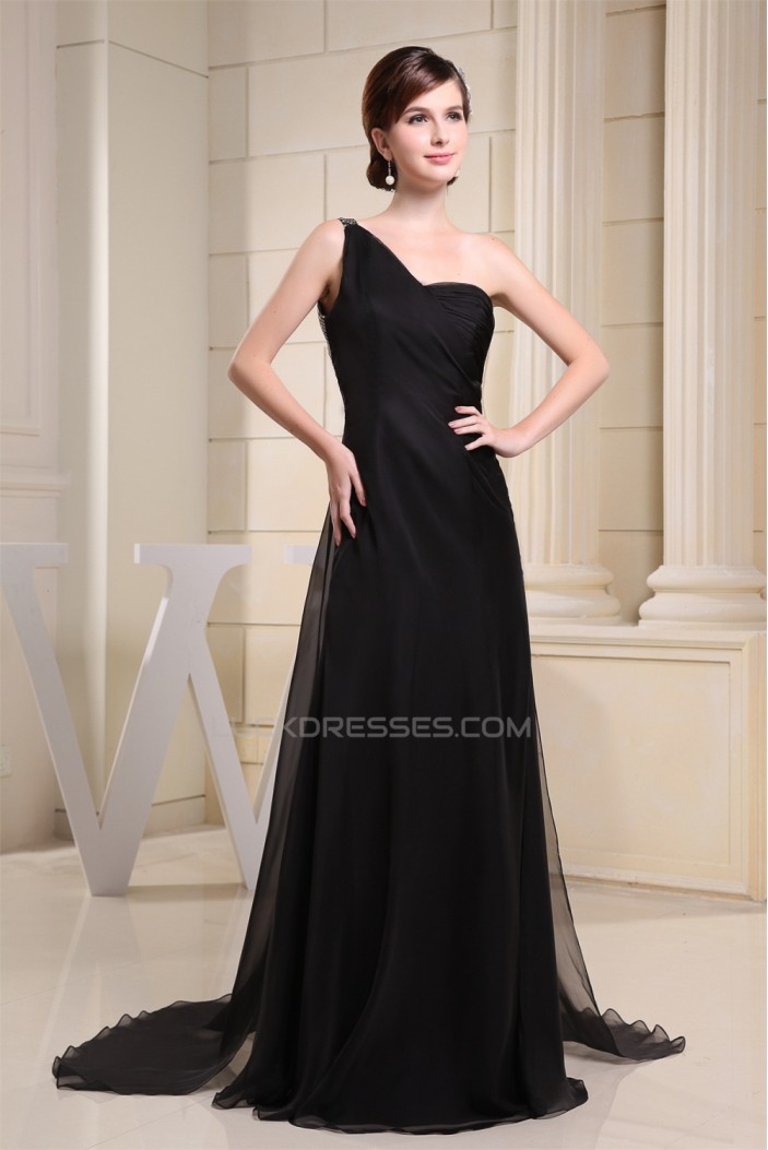 Brush Sweep Train One-Shoulder A-Line Chiffon Sequins Long Black Prom/Formal Evening Dresses 02020114