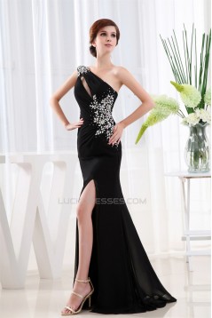 Brush Sweep Train Sleeveless One-Shoulder Long Black Prom/Formal Evening Dresses 02020124