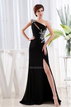 Brush Sweep Train Sleeveless One-Shoulder Long Black Prom/Formal Evening Dresses 02020124