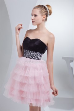Strapless Short/Mini Sleeveless Satin Silk like Satin Fine Netting Prom/Formal Evening Dresses 02021249