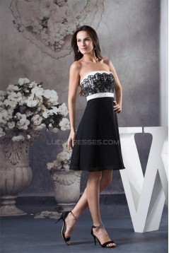 A-Line Strapless Sleeveless Short/Mini Chiffon Lace Black White Prom/Formal Evening Dresses 02021252