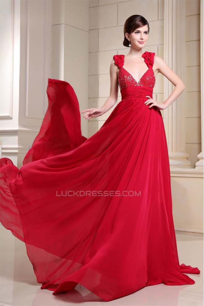 Beading V-Neck Brush Sweep Train Long Red Prom/Formal Evening Dresses 02020130