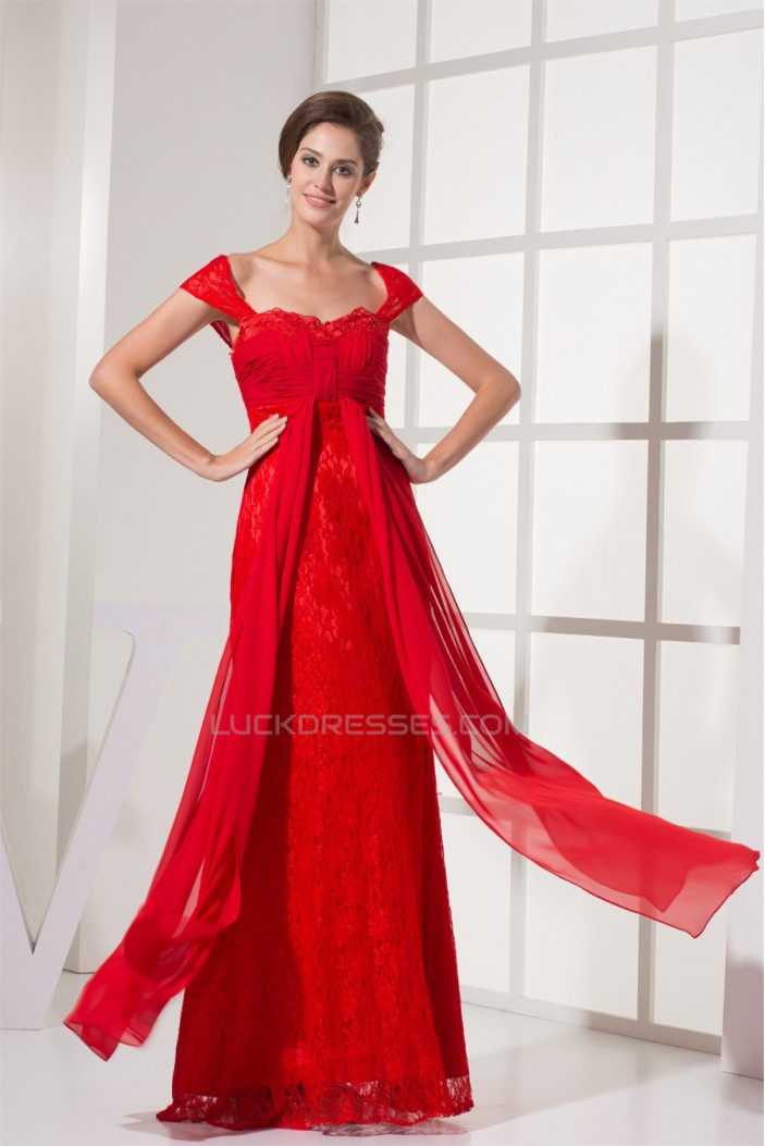 Capped Sleeves Chiffon Lace Long Red Evening Formal Bridesmaid Dresses 02020131