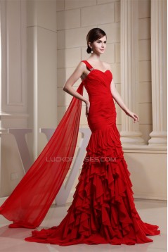 Cascading Ruffles Sweetheart Mermaid/Trumpet Long Red One-Shoulder Prom/Formal Evening Dresses 02020132