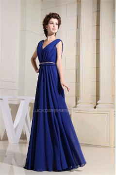 A-Line V-Neck Floor-Length Blue Chiffon Sleeveless Prom/Formal Evening Bridesmaid Dresses 02020136