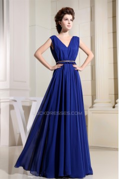 A-Line V-Neck Floor-Length Blue Chiffon Sleeveless Prom/Formal Evening Bridesmaid Dresses 02020136