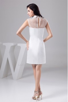 Short/Mini High-Neck Sheath/Column Organza Silk like Satin Little White Dresses 02021381