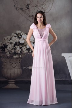 A-Line Cap-Sleeve Floor-Length Beading Long Pink Prom Evening Formal Bridesmaid Dresses 02020145